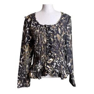 Bamboo Traders Women's Jacket Top‎ Ruffles Animal Print Snaps Black/Brown Size S